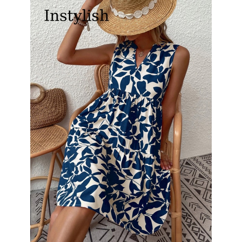 Women Boho Print Mini Dress, Summer Elegant Sleeveless Neck Ruffle A Line Tank Dress, Casual Loose Oversize Beach Party