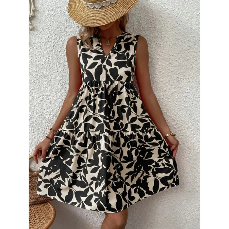 Women Boho Print Mini Dress, Summer Elegant Sleeveless Neck Ruffle A Line Tank Dress, Casual Loose Oversize Beach Party