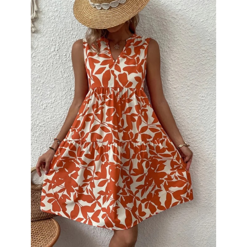 Women Boho Print Mini Dress, Summer Elegant Sleeveless Neck Ruffle A Line Tank Dress, Casual Loose Oversize Beach Party