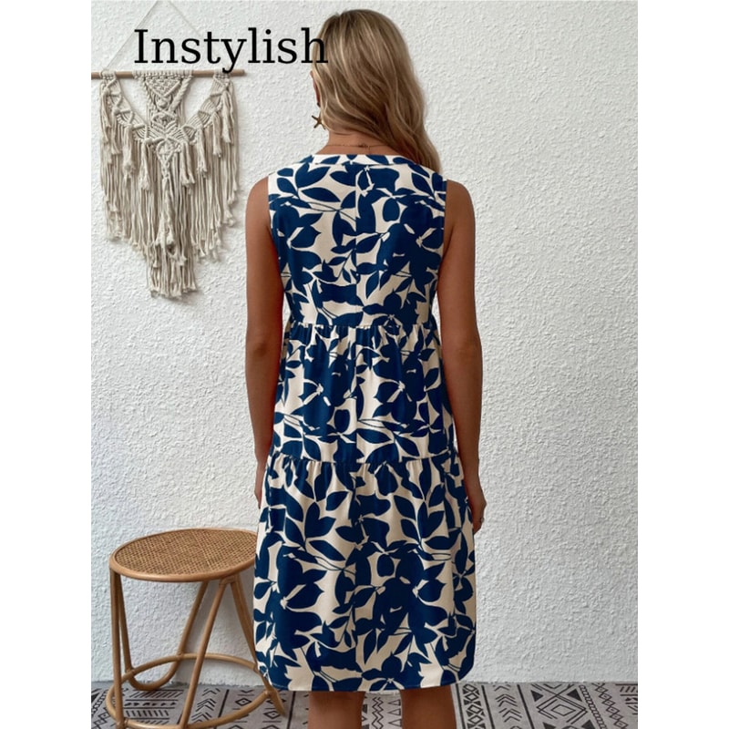 Women Boho Print Mini Dress, Summer Elegant Sleeveless Neck Ruffle A Line Tank Dress, Casual Loose Oversize Beach Party