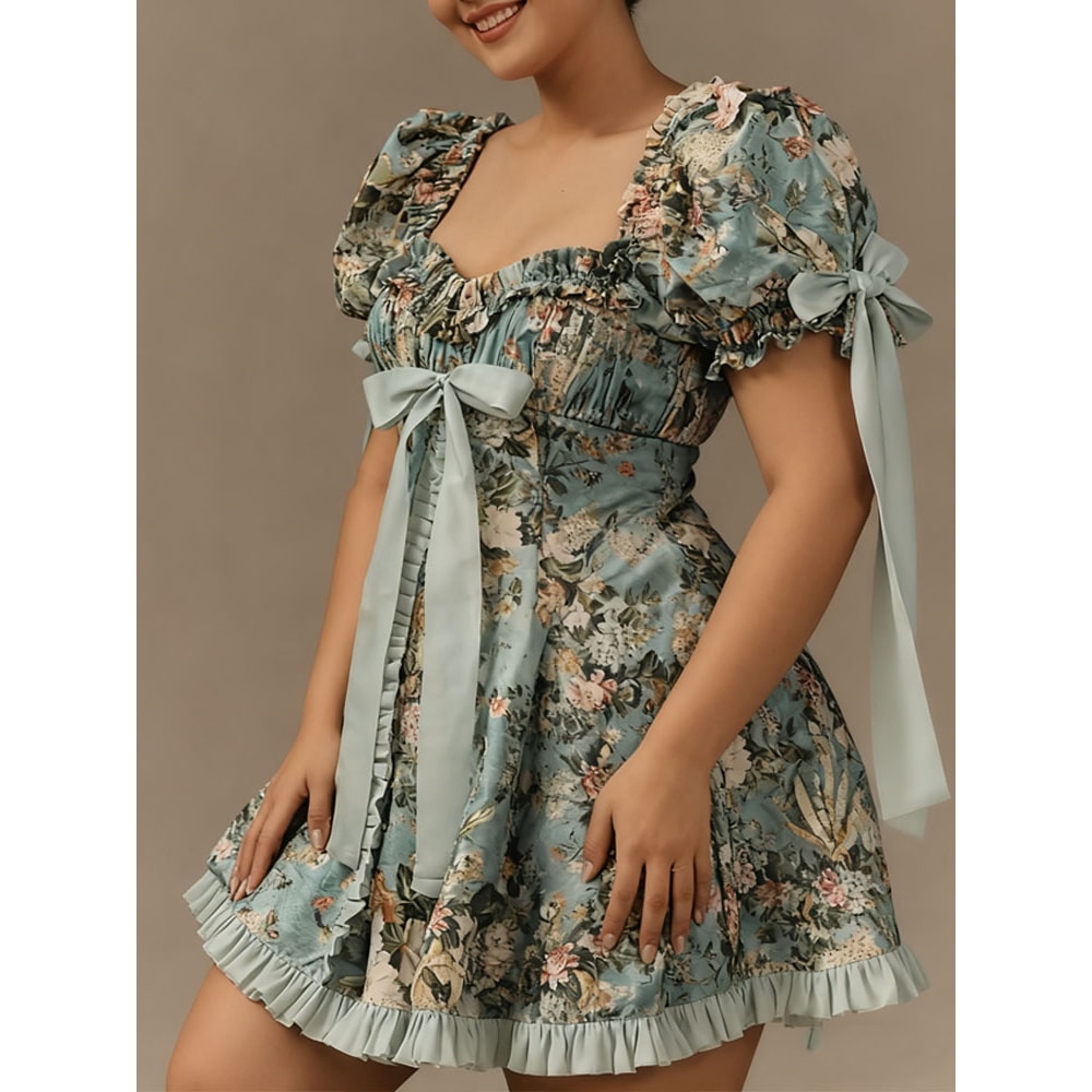 Plus Size Womens Lace Square Collar Mini Dress With Floral Print, Lantern Short Sleeves Elegant Party Dress