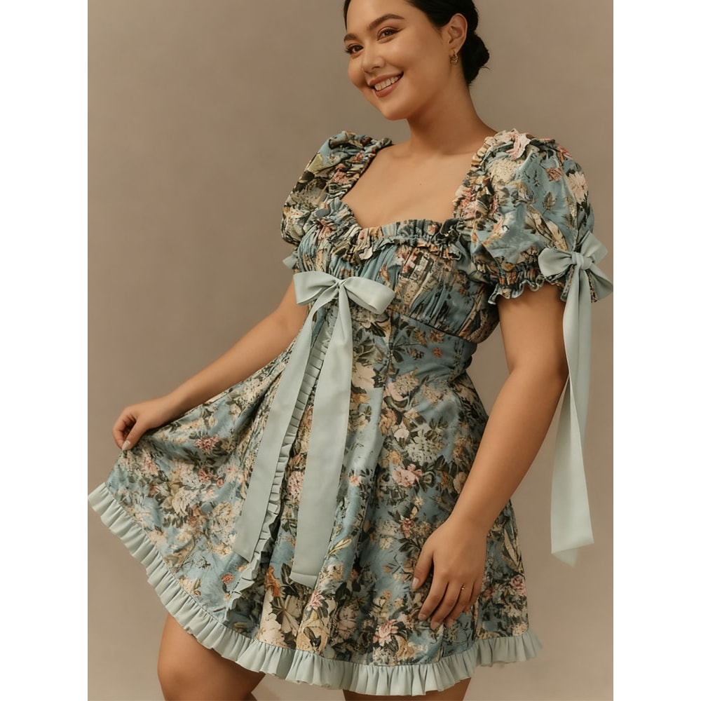 Plus Size Womens Lace Square Collar Mini Dress With Floral Print, Lantern Short Sleeves Elegant Party Dress