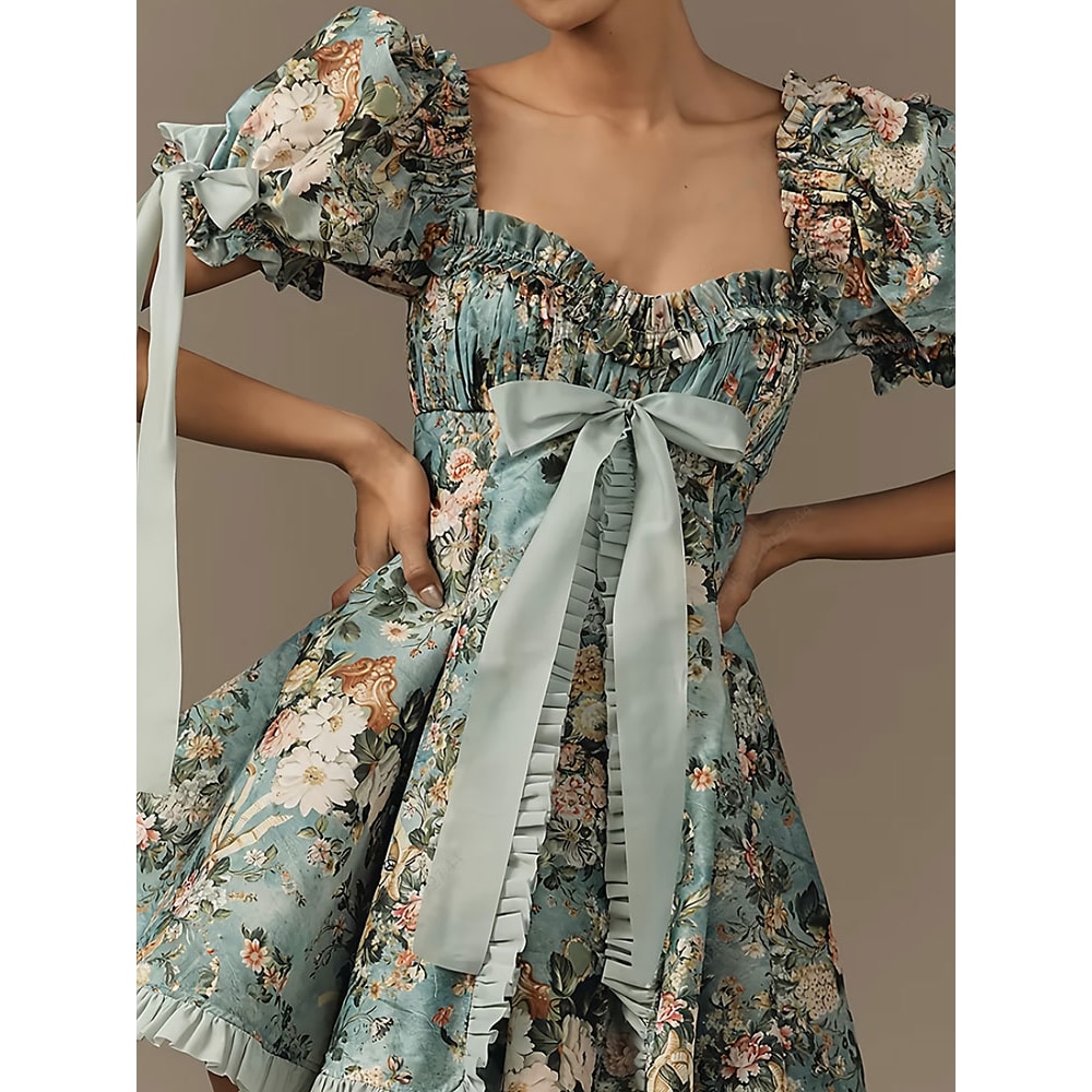 Plus Size Womens Lace Square Collar Mini Dress With Floral Print, Lantern Short Sleeves Elegant Party Dress