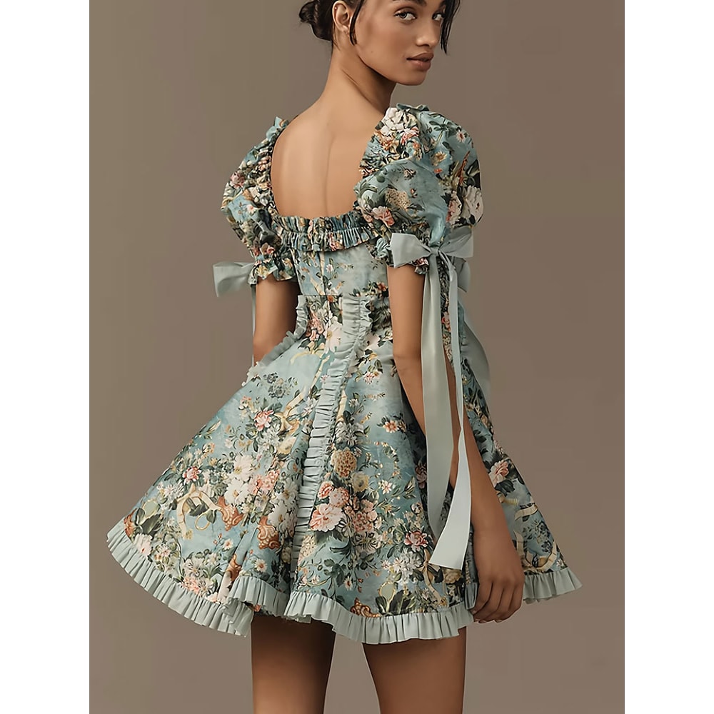 Plus Size Womens Lace Square Collar Mini Dress With Floral Print, Lantern Short Sleeves Elegant Party Dress