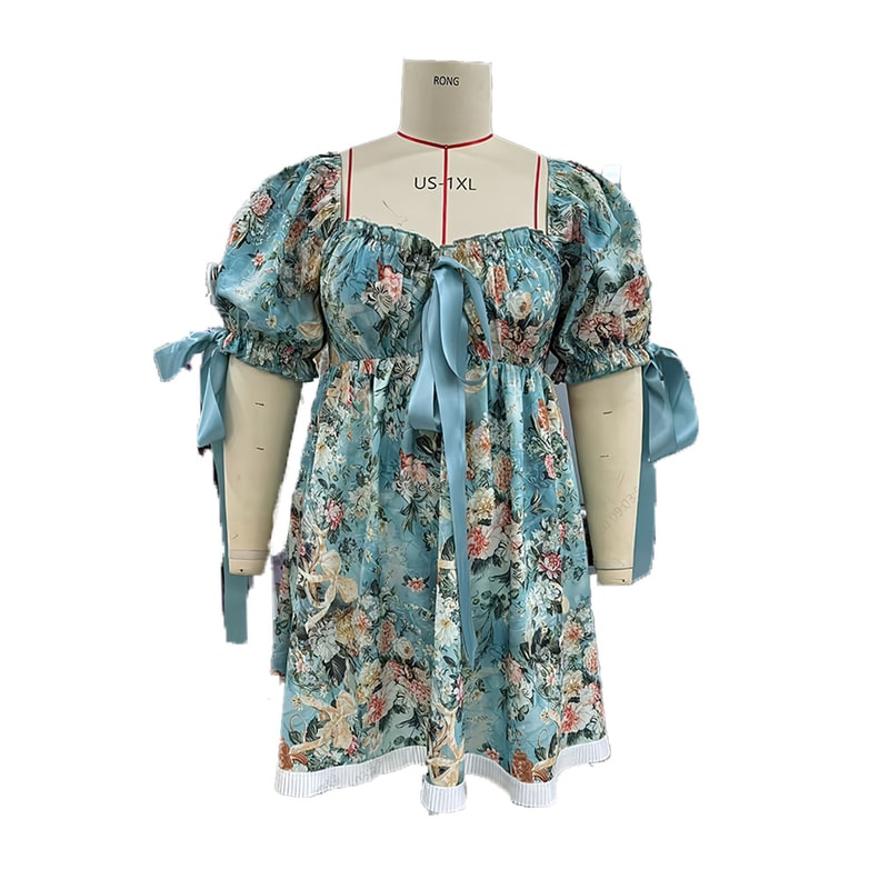 Plus Size Womens Lace Square Collar Mini Dress With Floral Print, Lantern Short Sleeves Elegant Party Dress