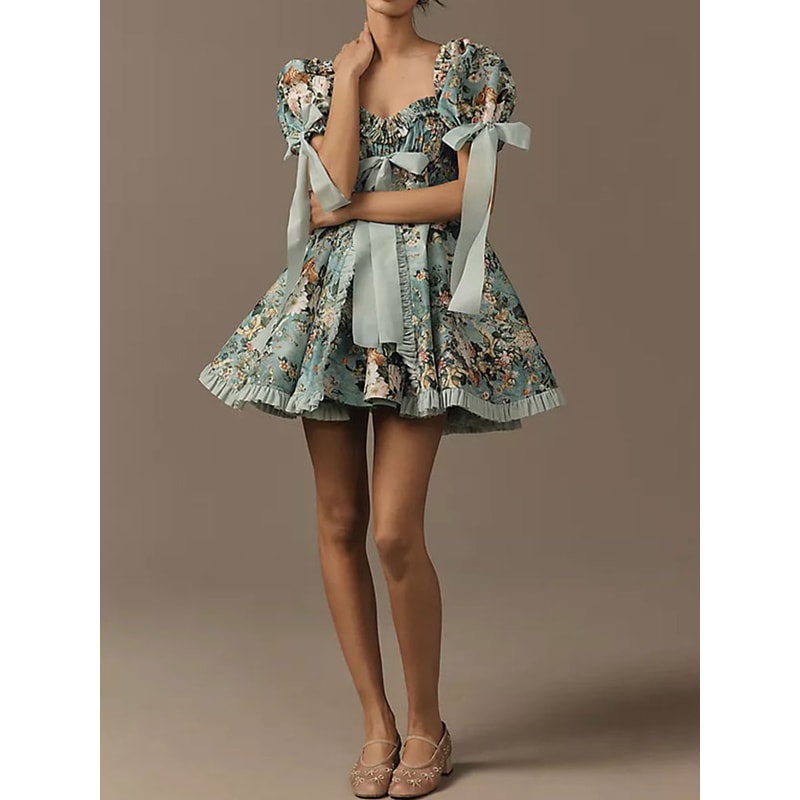 Plus Size Womens Lace Square Collar Mini Dress With Floral Print, Lantern Short Sleeves Elegant Party Dress