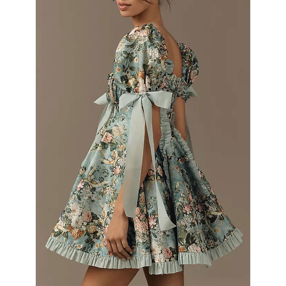 Plus Size Womens Lace Square Collar Mini Dress With Floral Print, Lantern Short Sleeves Elegant Party Dress