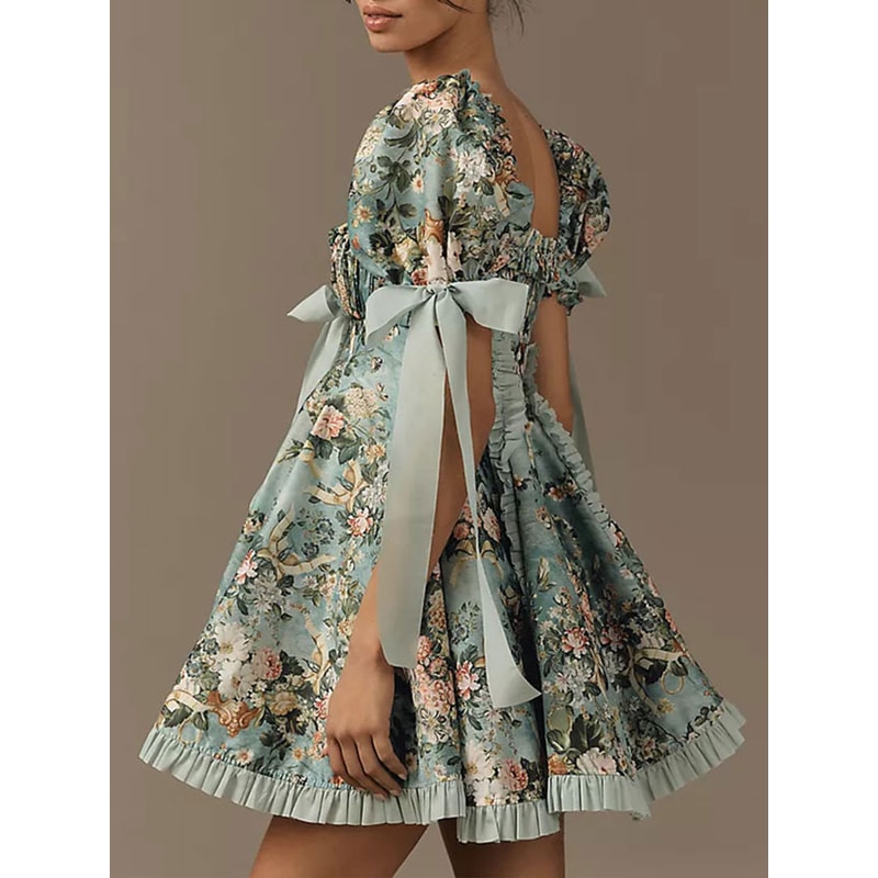 Plus Size Womens Lace Square Collar Mini Dress With Floral Print, Lantern Short Sleeves Elegant Party Dress