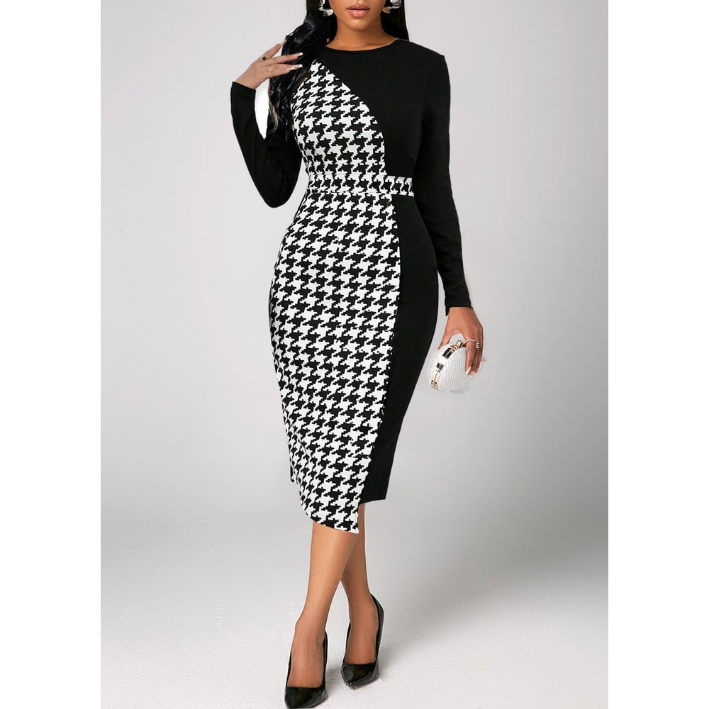 Contrast Printed Plus Size Women Elegant Dress OL Commuter Wind Bag Hip Elastic Party Dress 0