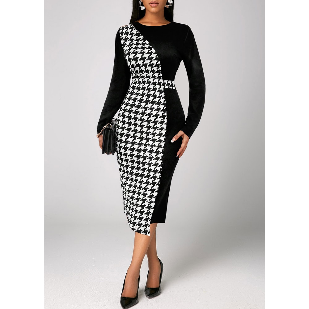 Contrast Printed Plus Size Women Elegant Dress OL Commuter Wind Bag Hip Elastic Party Dress 1