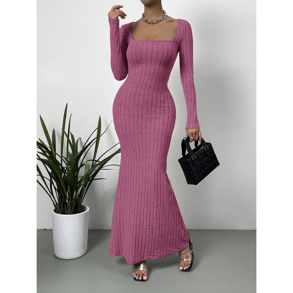 Low Cut Solid Color Slim-fit Long-sleeved Dress, Mature Sexy Fashion All-match New Line Neck