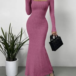 low cut solid color slim-fit long-sleeved dress, mature sexy fashion all-match new line neck