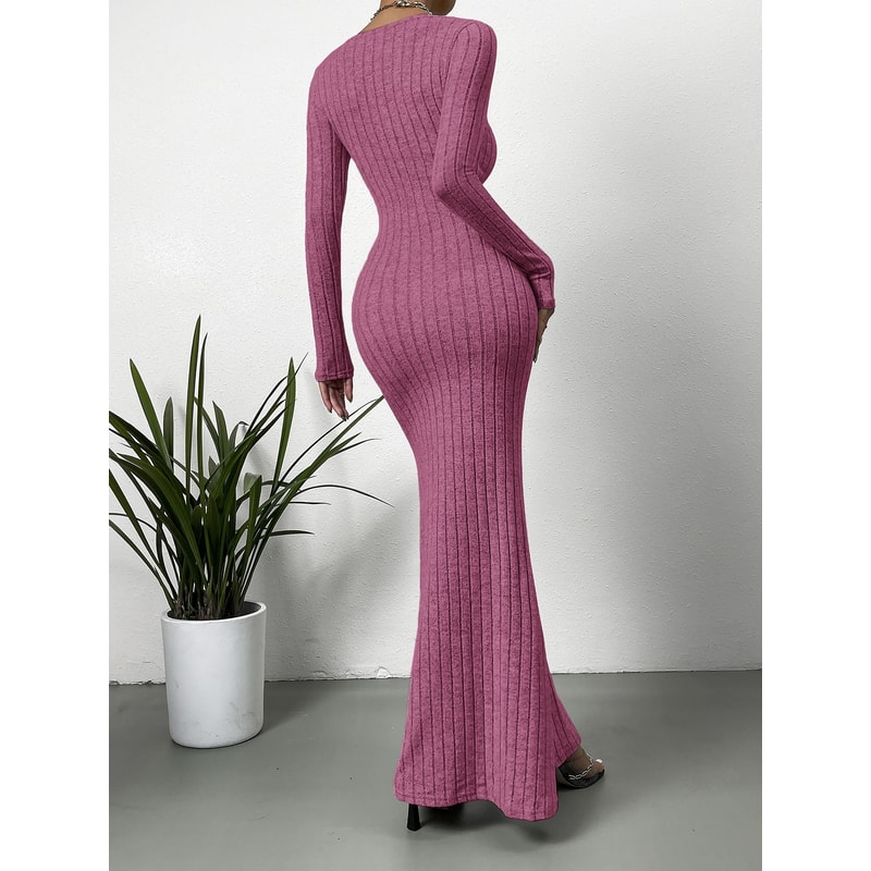Low Cut Solid Color Slim-fit Long-sleeved Dress, Mature Sexy Fashion All-match New Line Neck