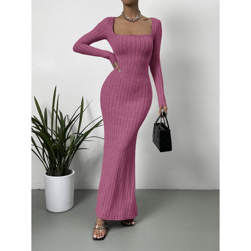 Low Cut Solid Color Slim-fit Long-sleeved Dress, Mature Sexy Fashion All-match New Line Neck