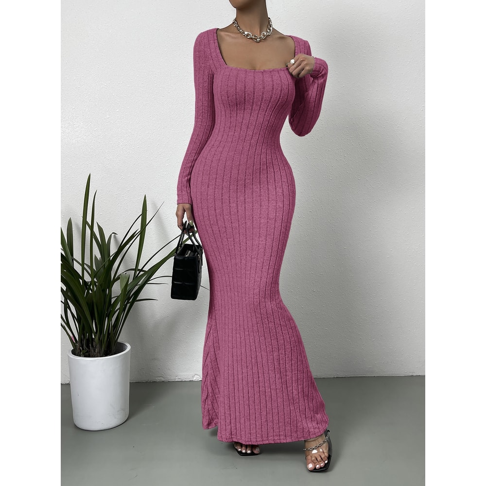 Low Cut Solid Color Slim-fit Long-sleeved Dress, Mature Sexy Fashion All-match New Line Neck
