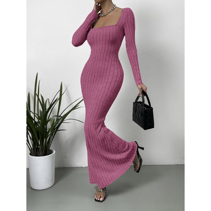 Low Cut Solid Color Slim-fit Long-sleeved Dress, Mature Sexy Fashion All-match New Line Neck