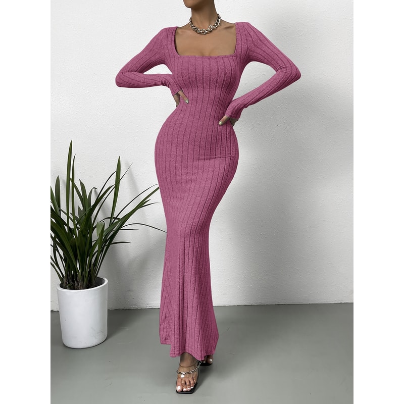 Low Cut Solid Color Slim-fit Long-sleeved Dress, Mature Sexy Fashion All-match New Line Neck