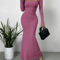 Low Cut Solid Color Slim-fit Long-sleeved Dress, Mature Sexy Fashion All-match New Line Neck