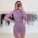 Purple High neck Long sleeved Pleated Tie up Dress Skirt Fashion Summer Womens Clothing
