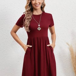 elastic waist short sleeve dress for women, knitted round neck short sleeve dress for casual daily comfort