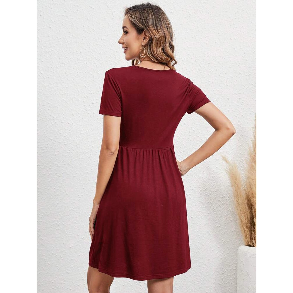 Elastic Waist Short Sleeve Dress For Women Knitted Round Neck Short Sleeve Dress For Casual Daily C 1