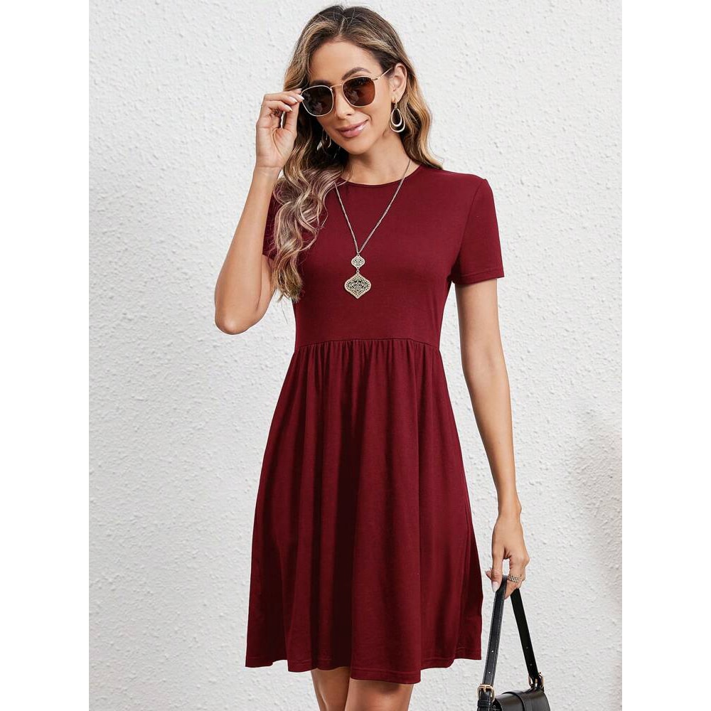 Elastic Waist Short Sleeve Dress For Women Knitted Round Neck Short Sleeve Dress For Casual Daily C 2