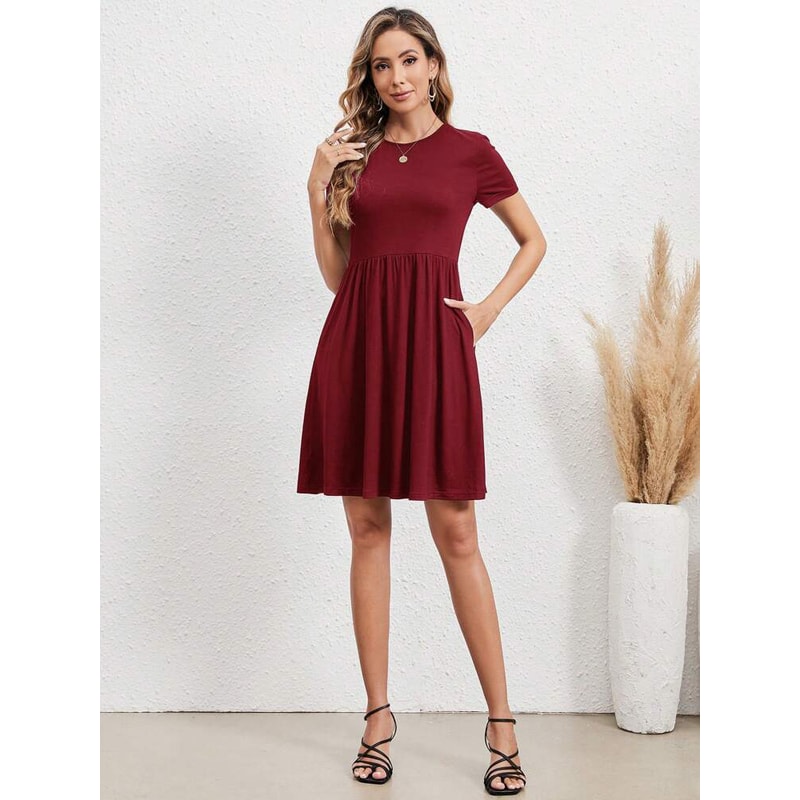 Elastic Waist Short Sleeve Dress For Women Knitted Round Neck Short Sleeve Dress For Casual Daily C 3