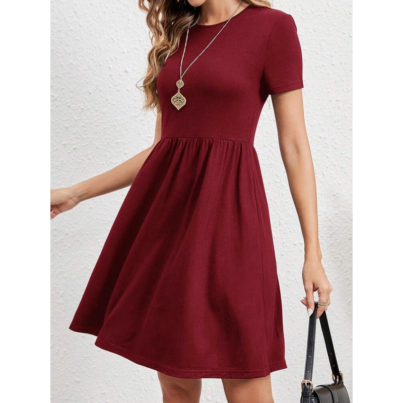 Elastic Waist Short Sleeve Dress For Women Knitted Round Neck Short Sleeve Dress For Casual Daily C 4