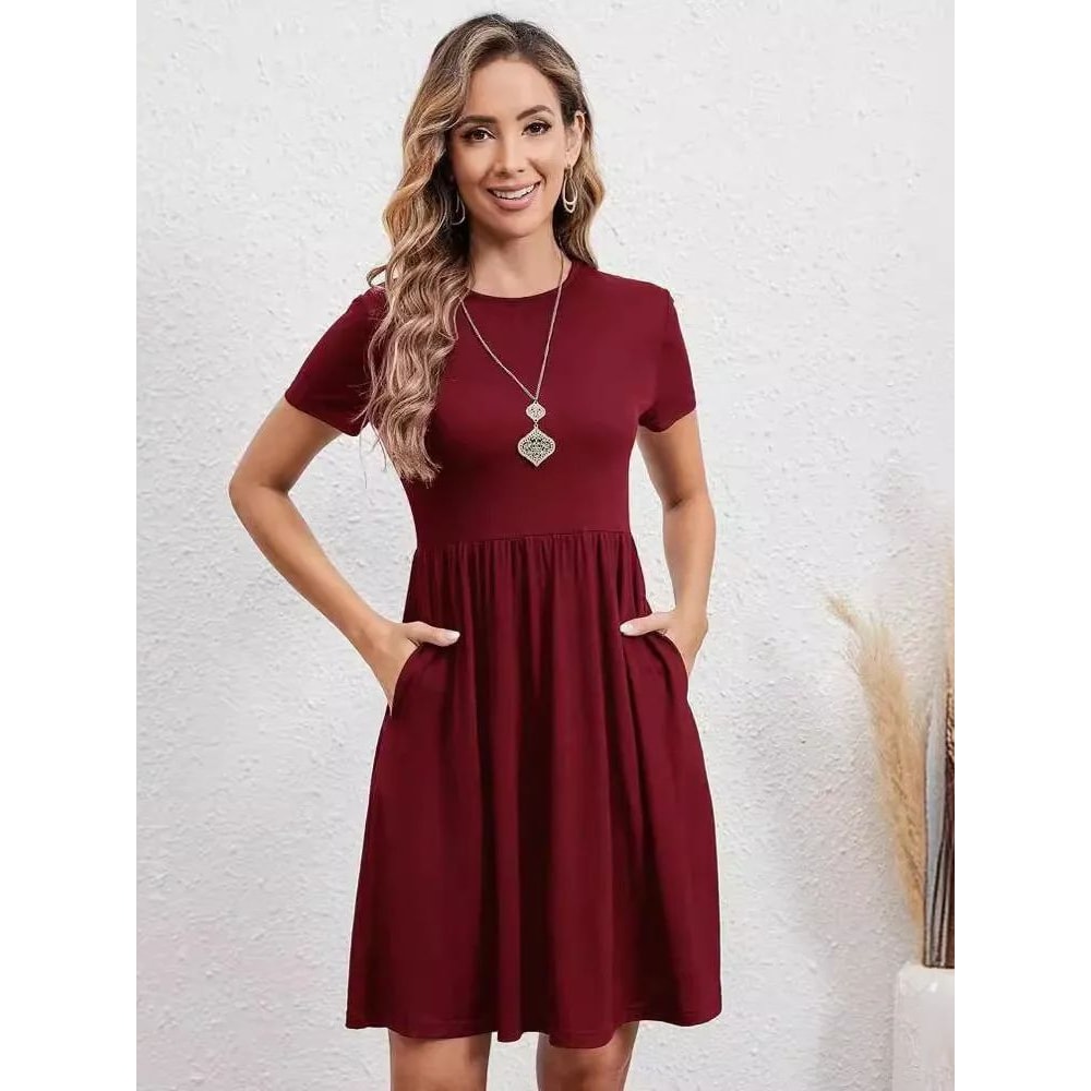 Elastic Waist Short Sleeve Dress For Women Knitted Round Neck Short Sleeve Dress For Casual Daily C 6