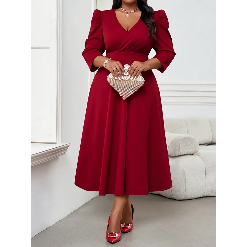 Elegant Red Dress for Large Sized Women, High End Womens Wear, Spring and Autumn Three Quarter Sleeves