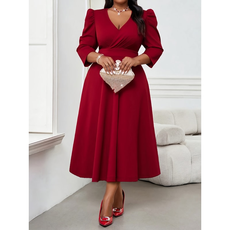 Elegant Red Dress for Large Sized Women, High End Womens Wear, Spring and Autumn Three Quarter Sleeves