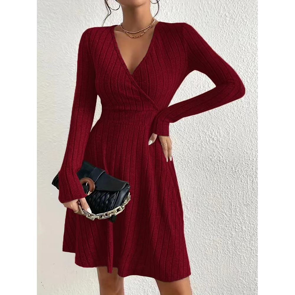 Elegant Plus Size Womens Ribbed Stretch Dress, Deep V Neck Cross Over Long Sleeve Work to Casual Dress