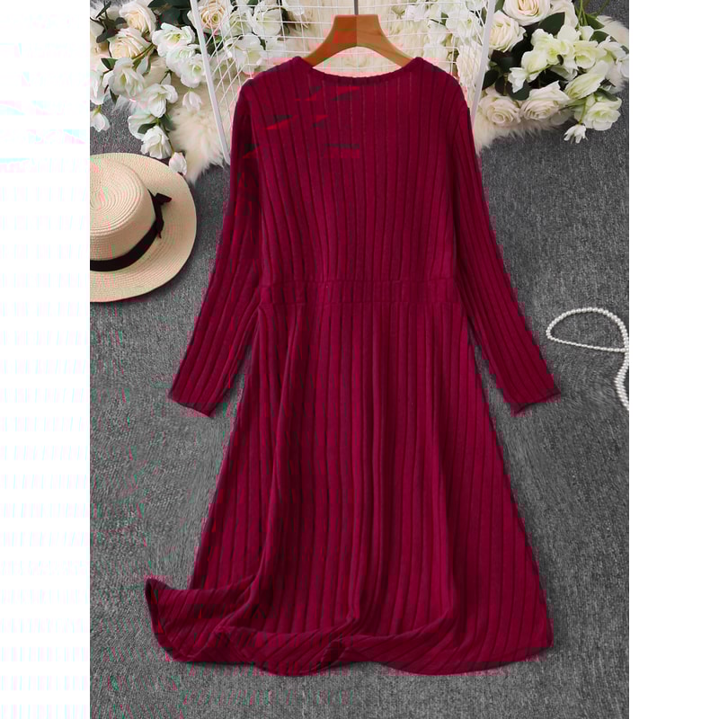 Elegant Plus Size Womens Ribbed Stretch Dress, Deep V Neck Cross Over Long Sleeve Work to Casual Dress