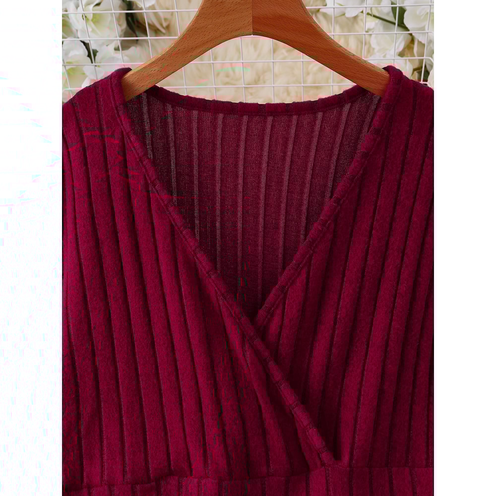 Elegant Plus Size Womens Ribbed Stretch Dress, Deep V Neck Cross Over Long Sleeve Work to Casual Dress