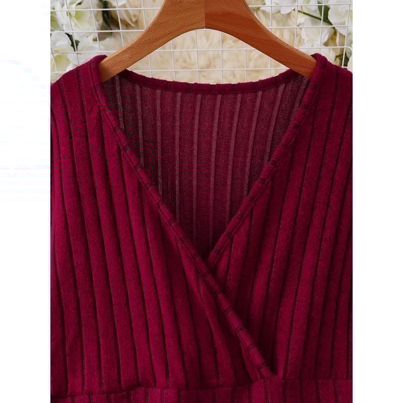 Elegant Plus Size Womens Ribbed Stretch Dress, Deep V Neck Cross Over Long Sleeve Work to Casual Dress