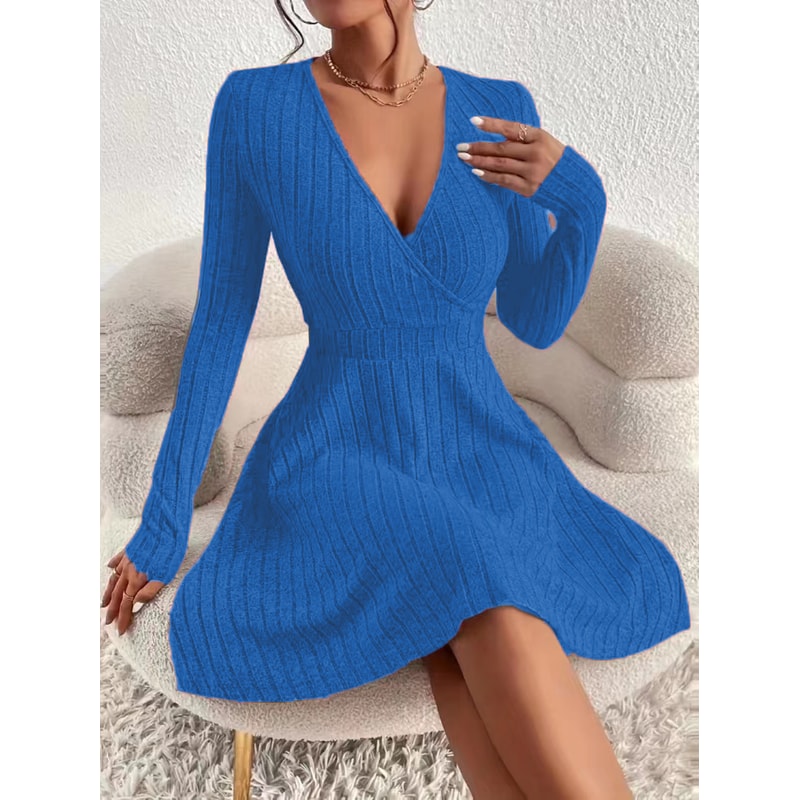 Elegant Plus Size Womens Ribbed Stretch Dress, Deep V Neck Cross Over Long Sleeve Work to Casual Dress