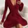 Elegant Plus Size Womens Ribbed Stretch Dress, Deep V Neck Cross Over Long Sleeve Work to Casual Dress