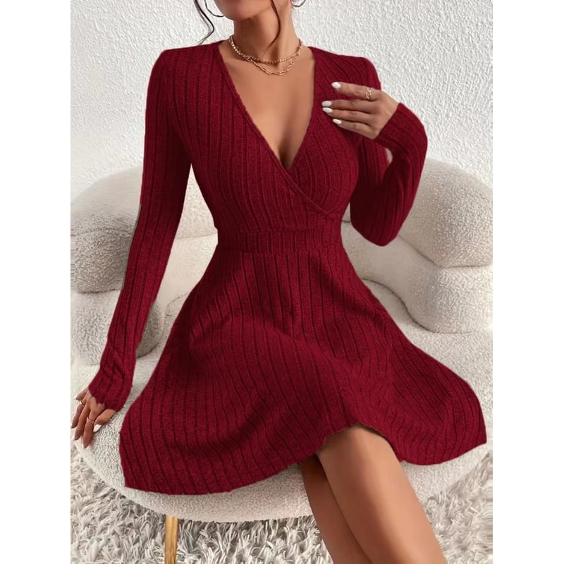 Elegant Plus Size Womens Ribbed Stretch Dress, Deep V Neck Cross Over Long Sleeve Work to Casual Dress