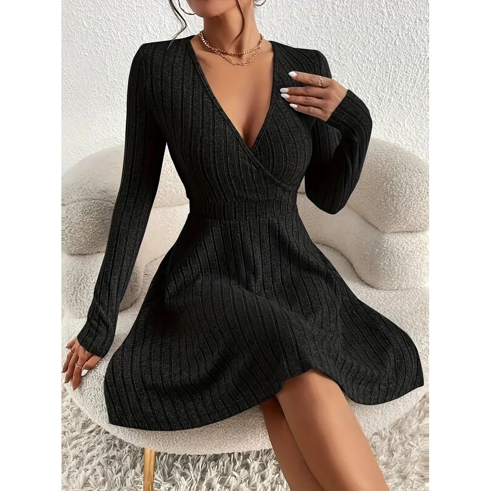 Elegant Plus Size Womens Ribbed Stretch Dress, Deep V Neck Cross Over Long Sleeve Work to Casual Dress