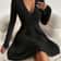 Elegant Plus Size Womens Ribbed Stretch Dress, Deep V Neck Cross Over Long Sleeve Work to Casual Dress