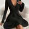 Elegant Plus Size Womens Ribbed Stretch Dress, Deep V Neck Cross Over Long Sleeve Work to Casual Dress
