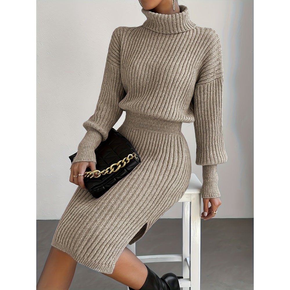Casual Simple Turtleneck Knitted Pullover Dress Without a Belt, Autumn Winter New Fashionable Look