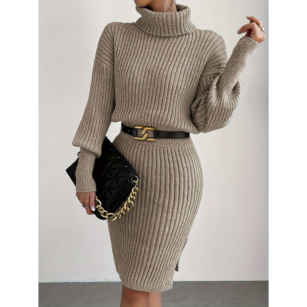 Casual Simple Turtleneck Knitted Pullover Dress Without a Belt, Autumn Winter New Fashionable Look