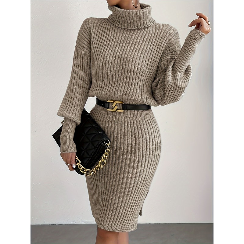 Casual Simple Turtleneck Knitted Pullover Dress Without a Belt, Autumn Winter New Fashionable Look