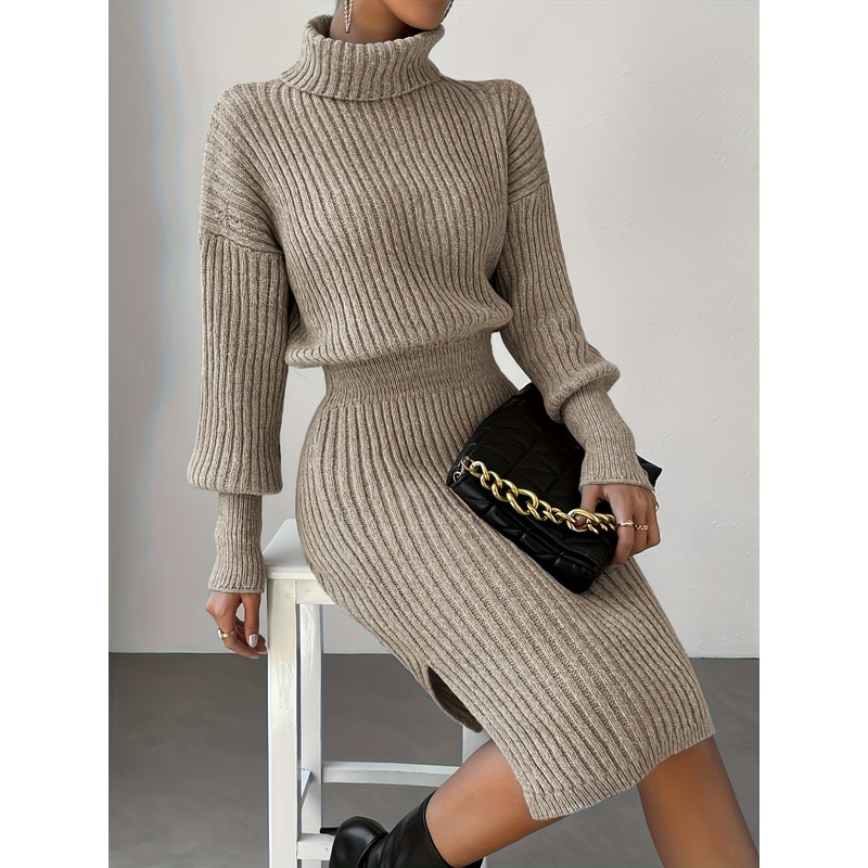 Casual Simple Turtleneck Knitted Pullover Dress Without a Belt, Autumn Winter New Fashionable Look