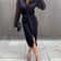 Wrapped Solid Color V neck Waist Cinched Dress with Long Sleeves Buttocks Fit Body Shaping Style