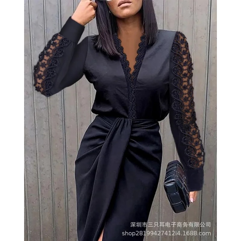 Wrapped Solid Color V neck Waist Cinched Dress with Long Sleeves Buttocks Fit Body Shaping Style