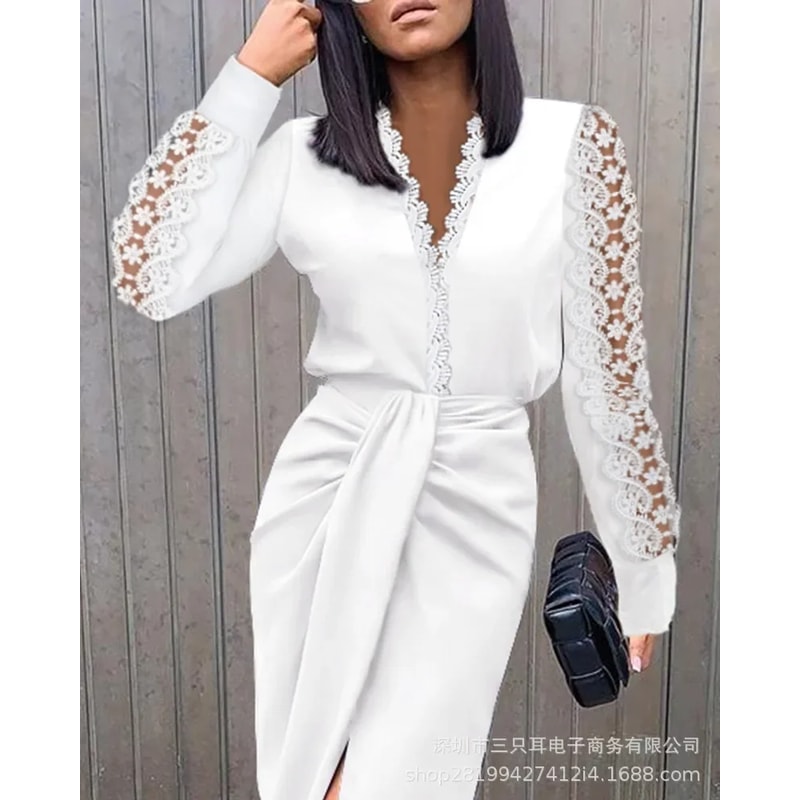 Wrapped Solid Color V neck Waist Cinched Dress with Long Sleeves Buttocks Fit Body Shaping Style