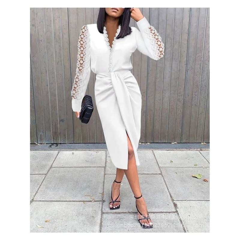 Wrapped Solid Color V neck Waist Cinched Dress with Long Sleeves Buttocks Fit Body Shaping Style