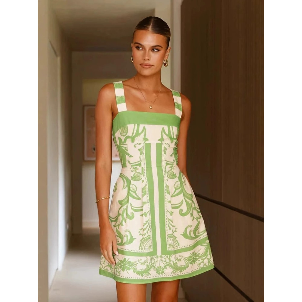 Short Vacation Strap Color Blocked Dress, Elegant New Printed Bohemian Dress